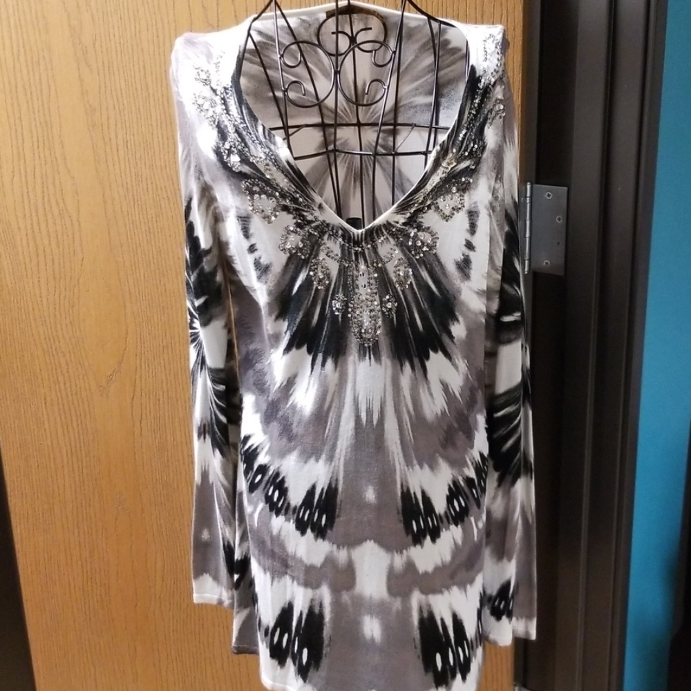 Size medium  long black,gray  and white sweater